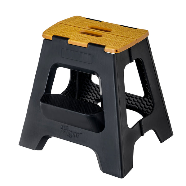 Compact 2 Step Bamboo On Top Black Foldable 40cm Stool