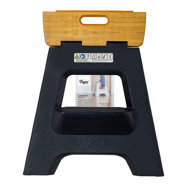 Compact 2 Step Bamboo On Top Black Foldable 40cm Stool
