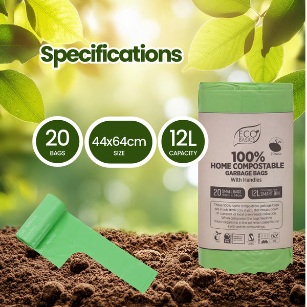 Eco Basics 100% Home Compostable Garbage Bags, Small,12L, 20 Bags