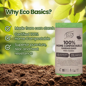 Eco Basics 100% Home Compostable Garbage Bags, Medium, 20L, 15 Bags