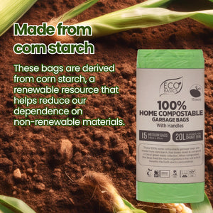 Eco Basics 100% Home Compostable Garbage Bags, Medium, 20L, 15 Bags