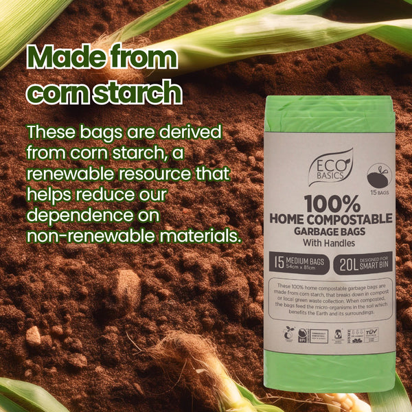 Eco Basics 100% Home Compostable Garbage Bags, Medium, 20L, 15 Bags