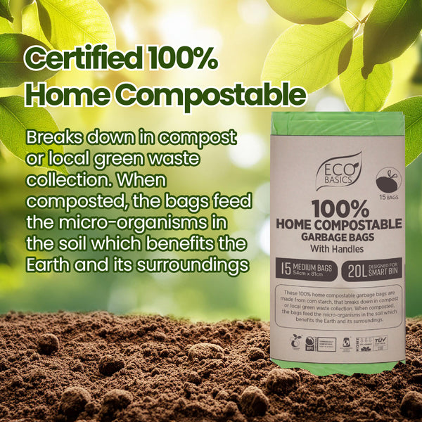 Eco Basics 100% Home Compostable Garbage Bags, Medium, 20L, 15 Bags