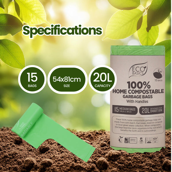 Eco Basics 100% Home Compostable Garbage Bags, Medium, 20L, 15 Bags