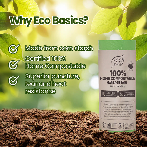 Eco Basics 100% Home Compostable Garbage Bags, Large, 50L, 10 Bags