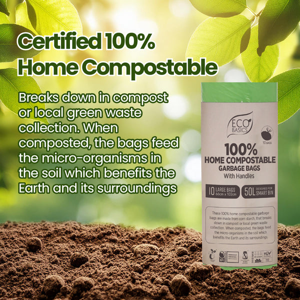 Eco Basics 100% Home Compostable Garbage Bags, Large, 50L, 10 Bags