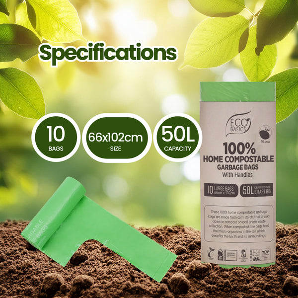 Eco Basics 100% Home Compostable Garbage Bags, Large, 50L, 10 Bags
