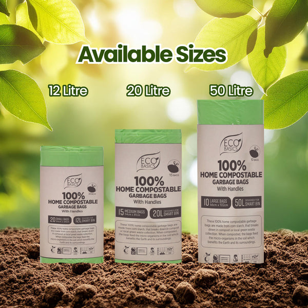 Eco Basics 100% Home Compostable Garbage Bags, Large, 50L, 10 Bags