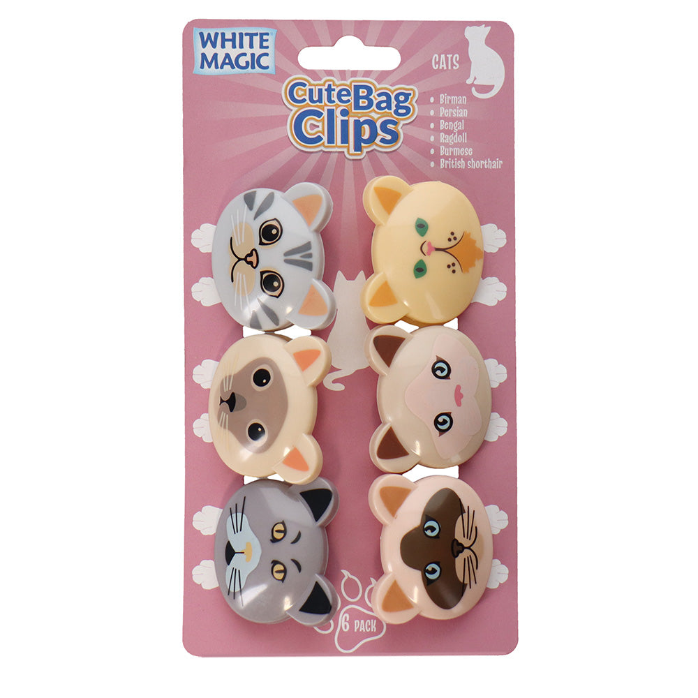 White Magic Cute Bag Clips- Cats 6 Pack